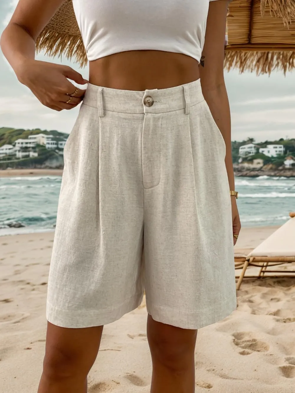heipeiwa Women's Linen Shorts High Waisted Summer Dressy Casual Wide Leg Shorts Beach Vacation Outfits