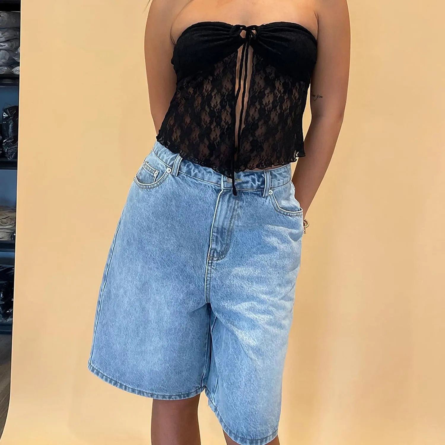 High Waisted Jean Shorts Women Casual Trendy Stretchy Wide Leg Denim Shorts Baggy Straight Leg Shorts with Pockets