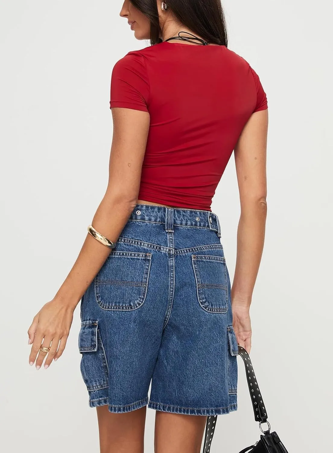 High Waisted Jean Shorts Women Casual Trendy Stretchy Wide Leg Denim Shorts Baggy Straight Leg Shorts with Pockets