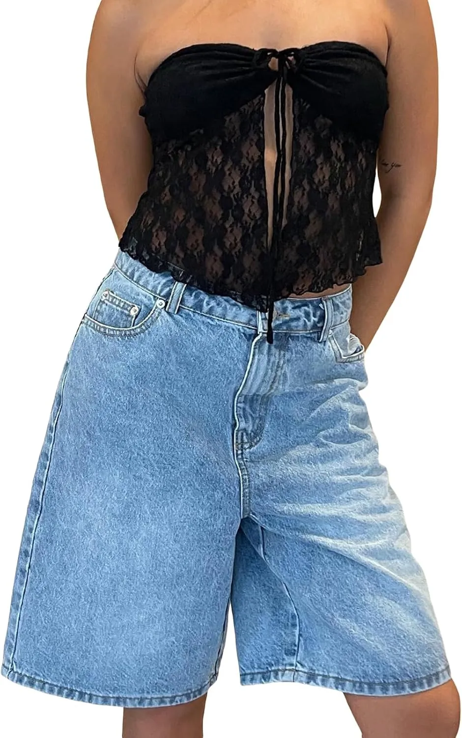High Waisted Jean Shorts Women Casual Trendy Stretchy Wide Leg Denim Shorts Baggy Straight Leg Shorts with Pockets