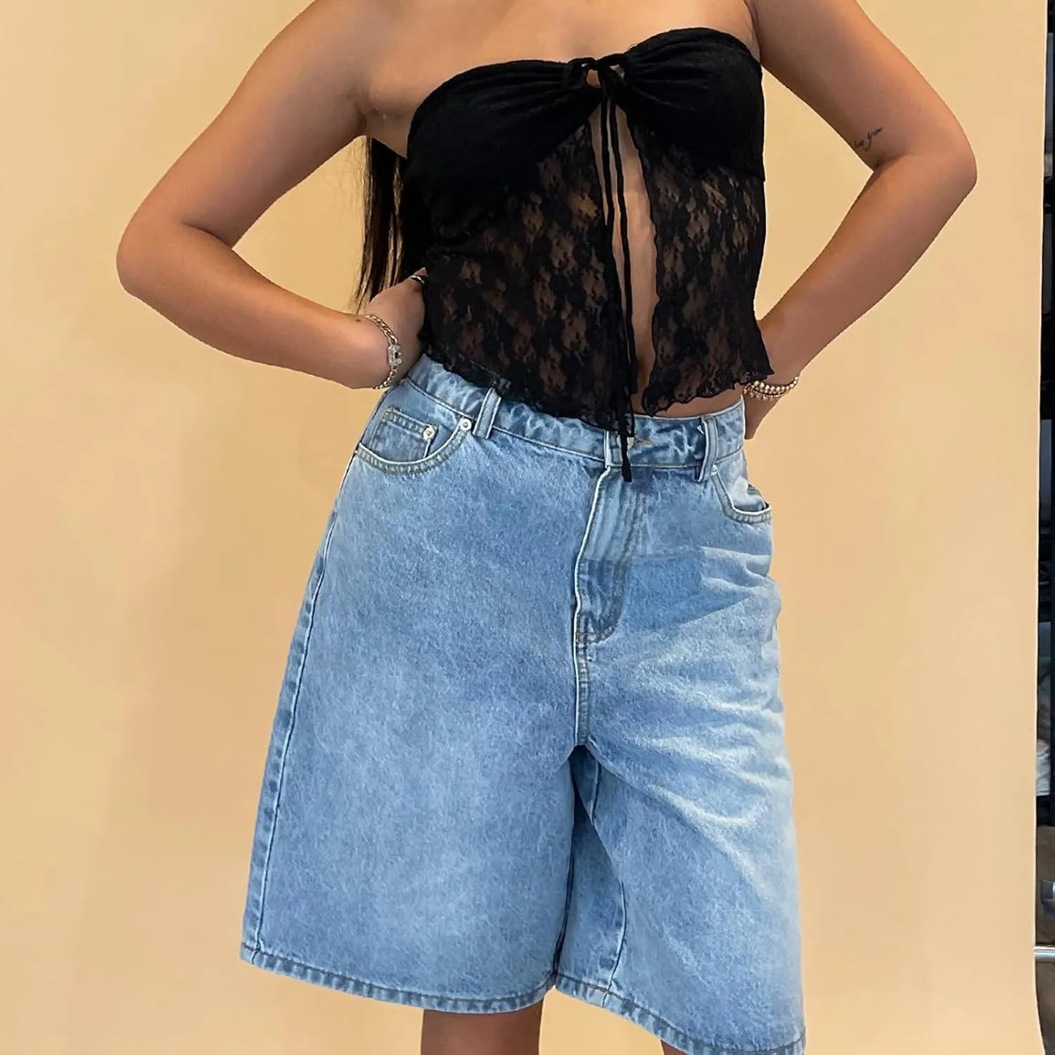 High Waisted Jean Shorts Women Casual Trendy Stretchy Wide Leg Denim Shorts Baggy Straight Leg Shorts with Pockets