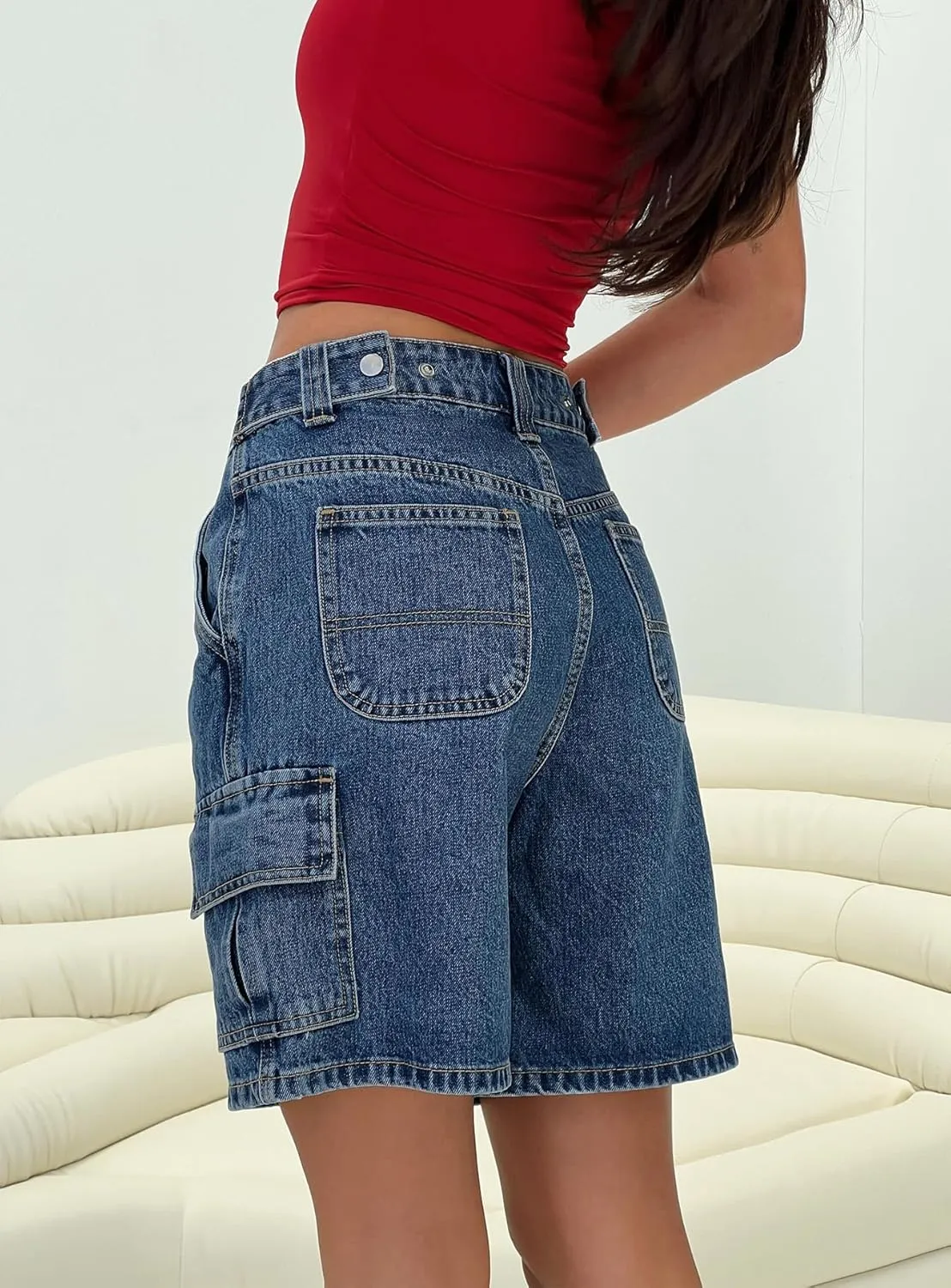High Waisted Jean Shorts Women Casual Trendy Stretchy Wide Leg Denim Shorts Baggy Straight Leg Shorts with Pockets