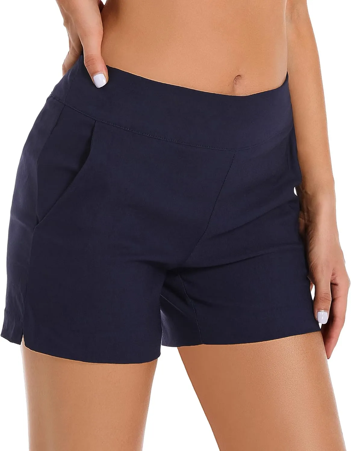 JAMfit Women's Chino Shorts - 4" Inseam, High Waisted, Elastic, Summer Casual Shorts with 2 Front Pockets