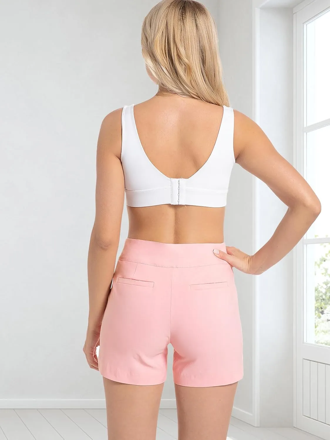 JAMfit Women's Chino Shorts - 4" Inseam, High Waisted, Elastic, Summer Casual Shorts with 2 Front Pockets