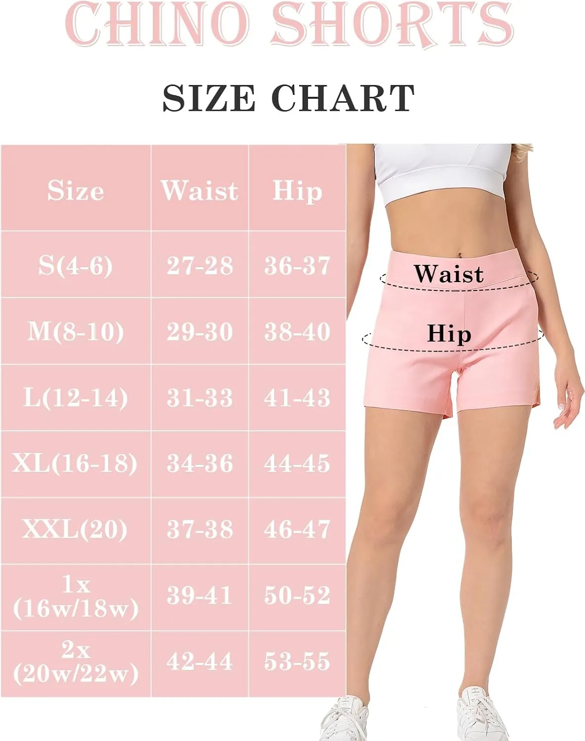 JAMfit Women's Chino Shorts - 4" Inseam, High Waisted, Elastic, Summer Casual Shorts with 2 Front Pockets