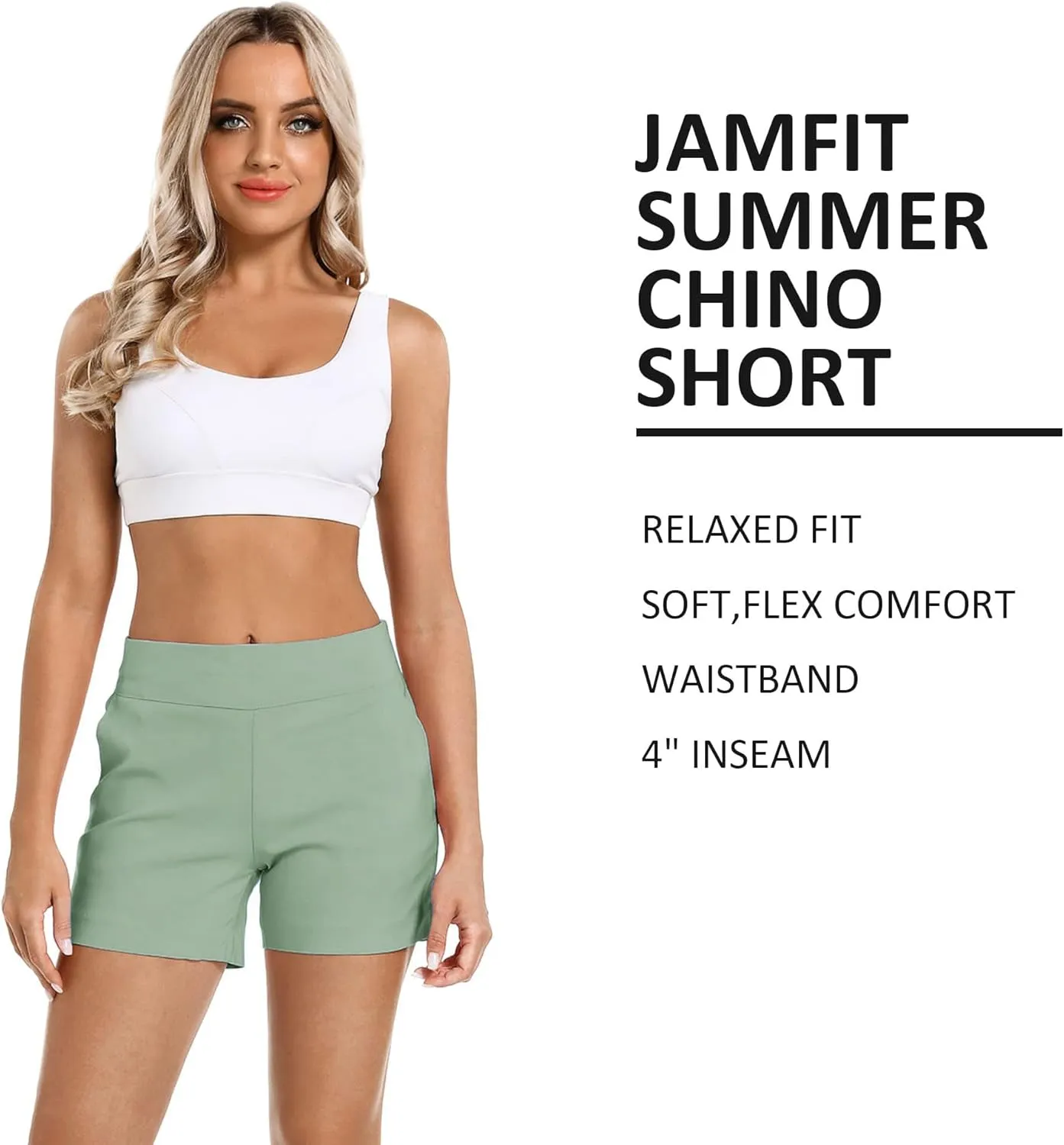 JAMfit Women's Chino Shorts - 4" Inseam, High Waisted, Elastic, Summer Casual Shorts with 2 Front Pockets