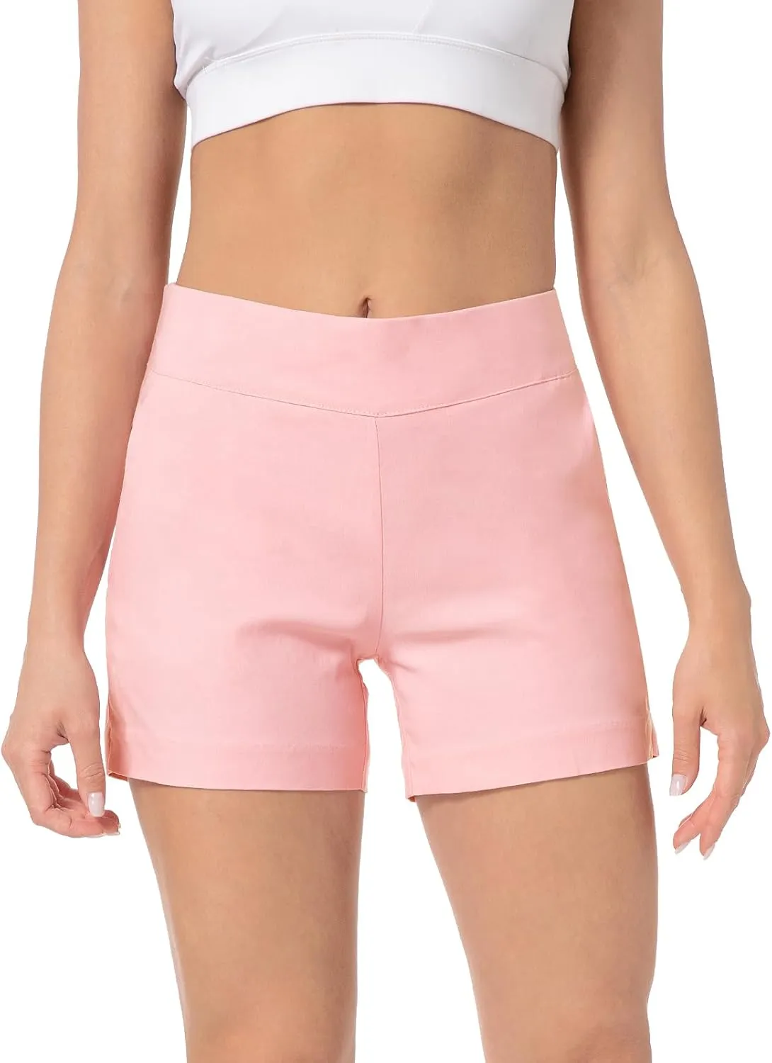 JAMfit Women's Chino Shorts - 4" Inseam, High Waisted, Elastic, Summer Casual Shorts with 2 Front Pockets