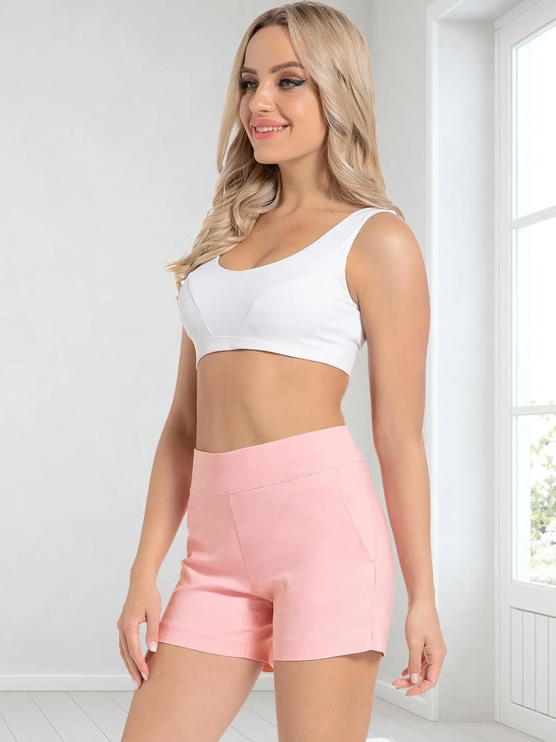 JAMfit Women's Chino Shorts - 4" Inseam, High Waisted, Elastic, Summer Casual Shorts with 2 Front Pockets