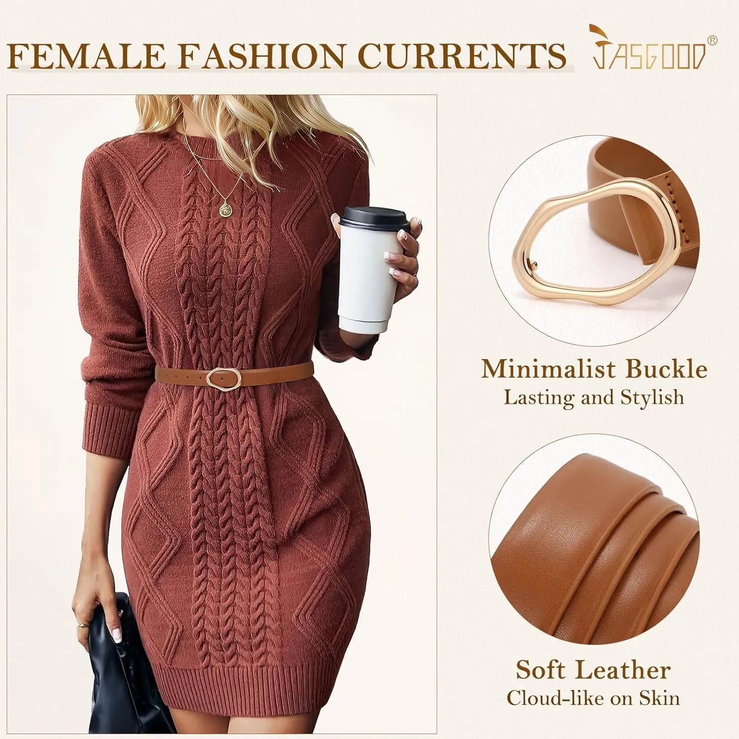 JASGOOD Women Leather Belt for Jeans Fashion Casual Waist Belt with Irregular Shapes Gold Buckle for Dresses Pants
