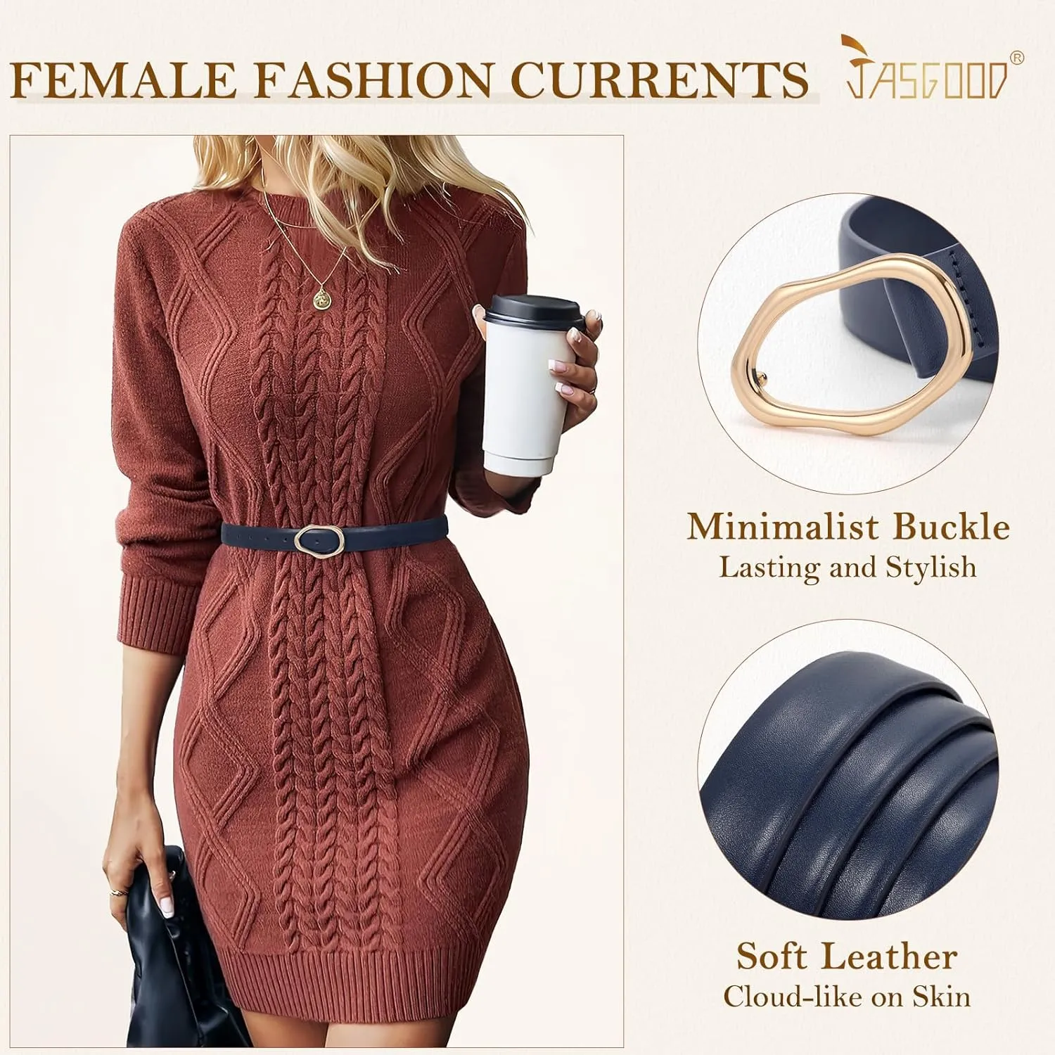 JASGOOD Women Leather Belt for Jeans Fashion Casual Waist Belt with Irregular Shapes Gold Buckle for Dresses Pants