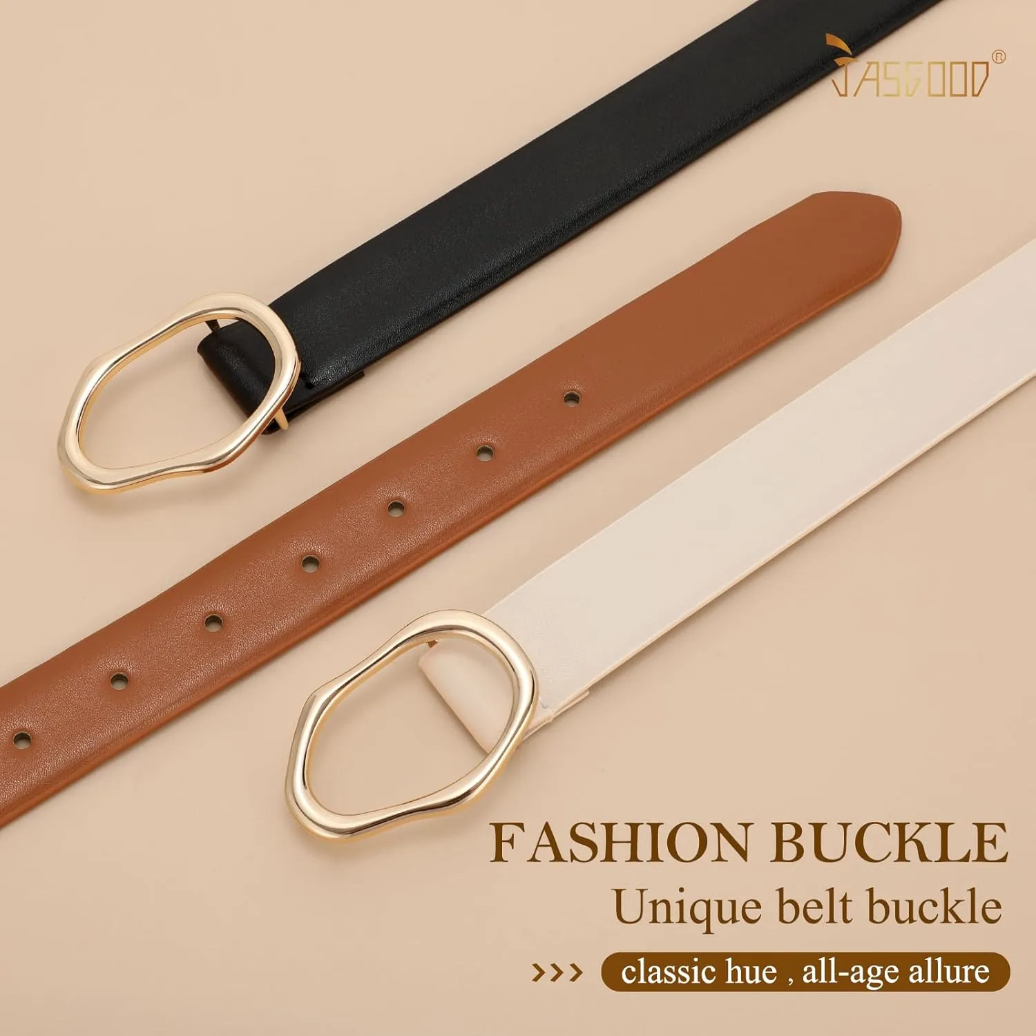 JASGOOD Women Leather Belt for Jeans Fashion Casual Waist Belt with Irregular Shapes Gold Buckle for Dresses Pants