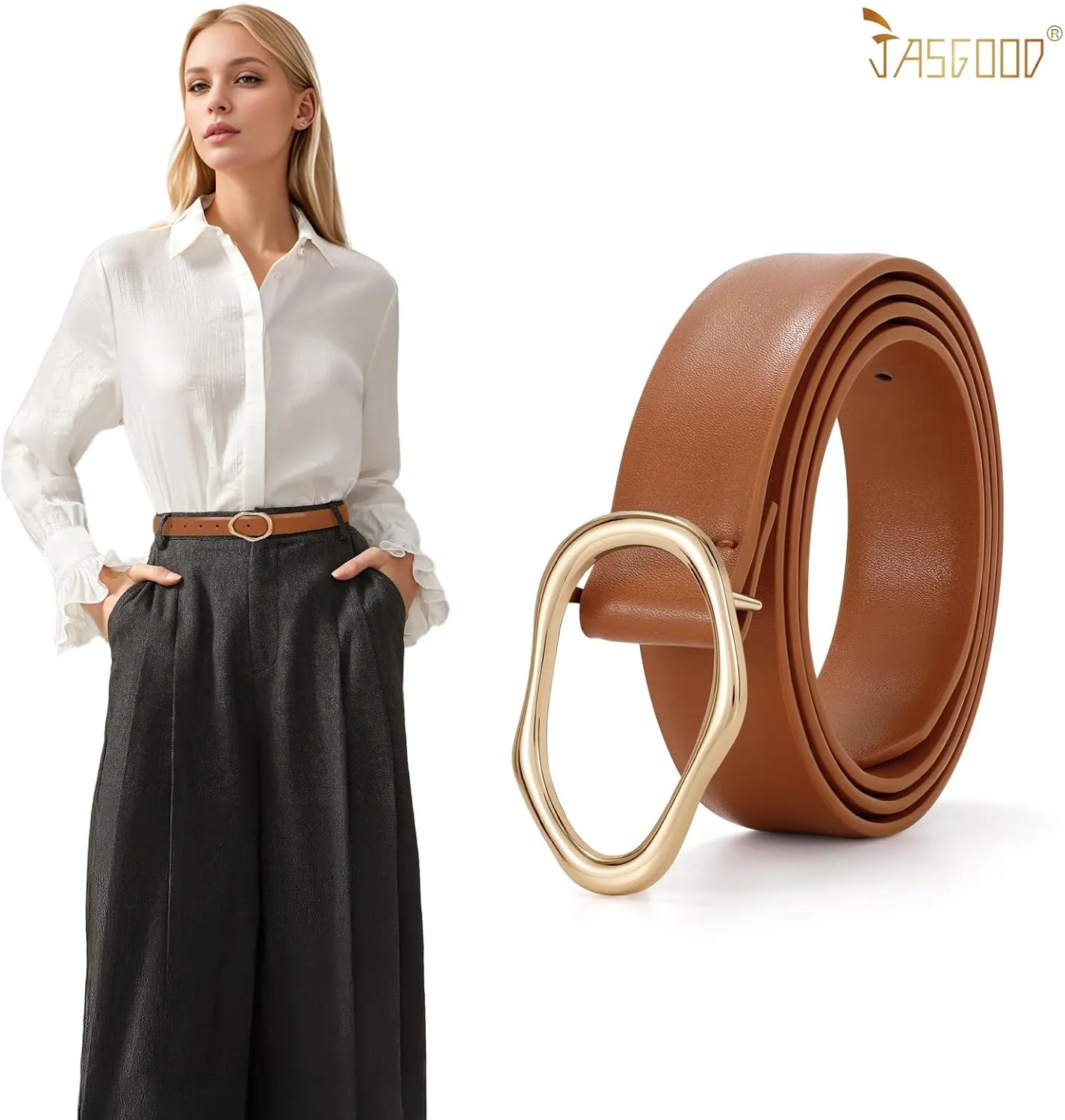 JASGOOD Women Leather Belt for Jeans Fashion Casual Waist Belt with Irregular Shapes Gold Buckle for Dresses Pants
