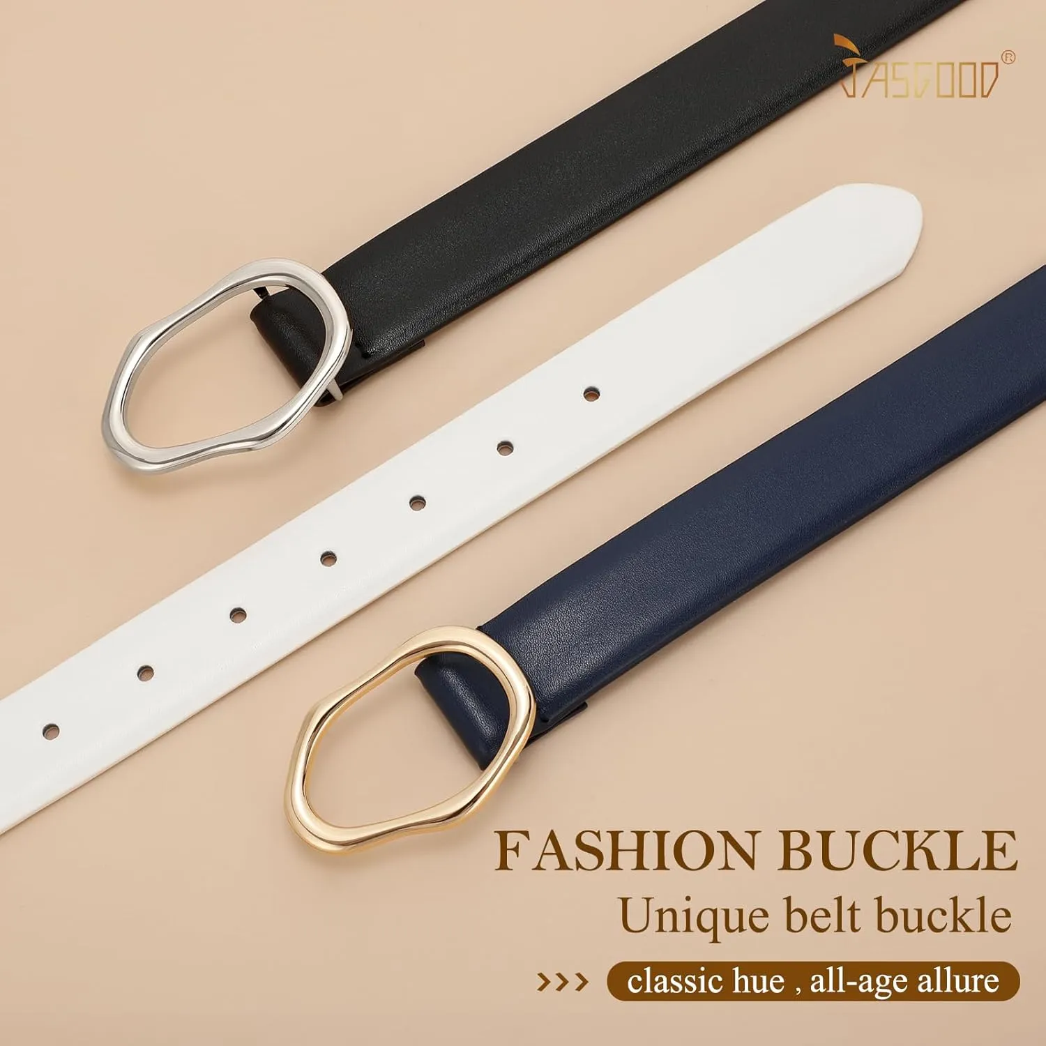 JASGOOD Women Leather Belt for Jeans Fashion Casual Waist Belt with Irregular Shapes Gold Buckle for Dresses Pants