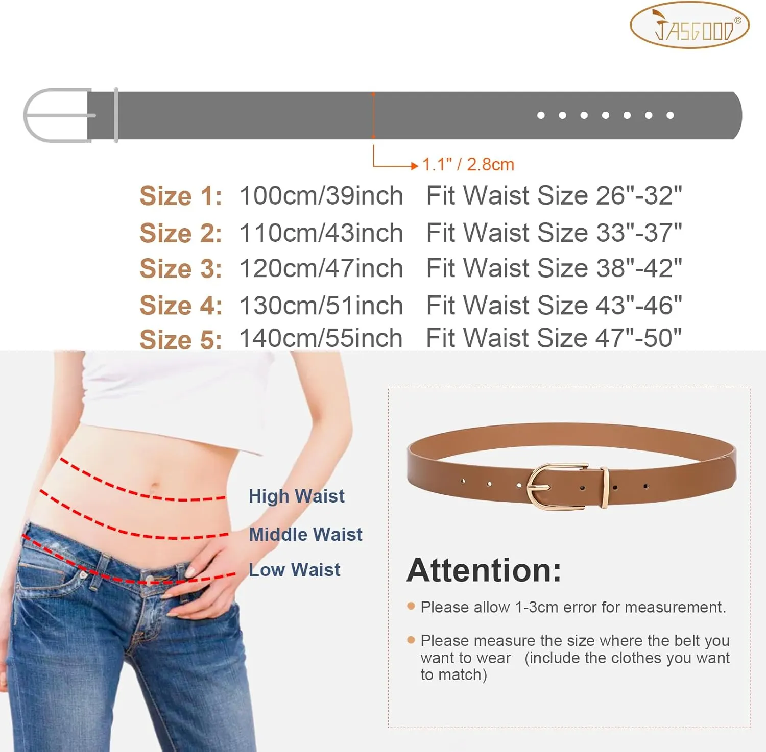 JASGOOD Women’s Leather Belts for Jeans Pants Fashion Ladies Belt with Gold Buckle