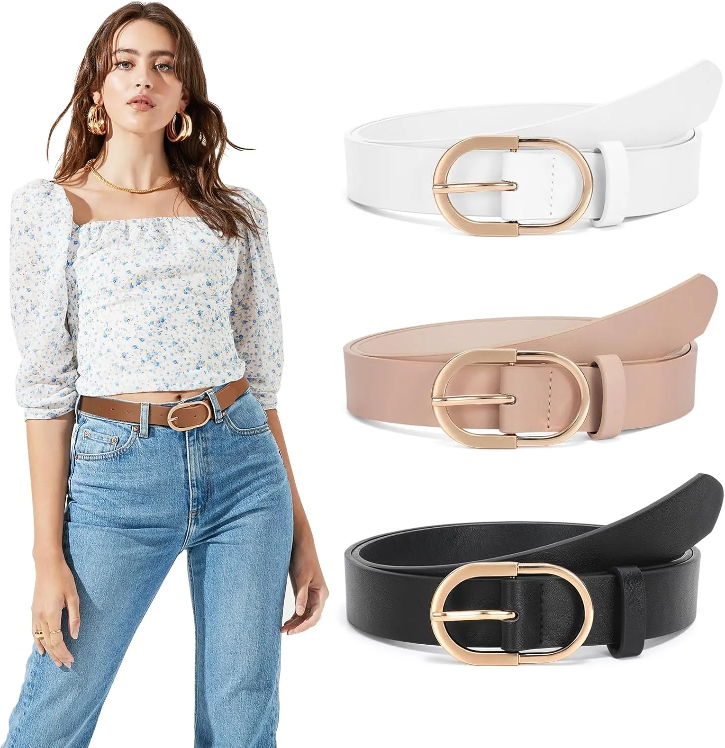 JASGOOD Women’s Leather Belts for Jeans Pants Fashion Ladies Belt with Gold Buckle