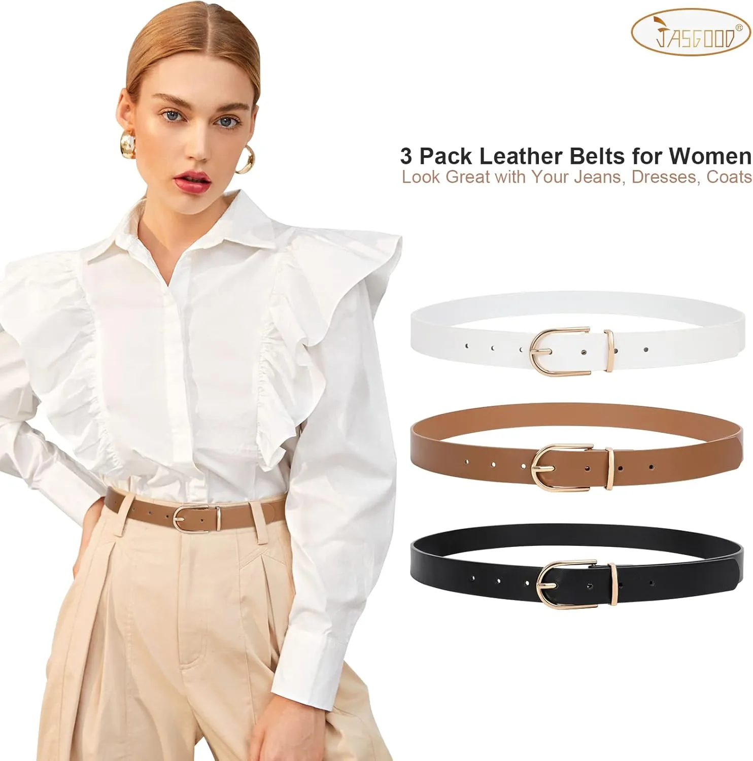 JASGOOD Women’s Leather Belts for Jeans Pants Fashion Ladies Belt with Gold Buckle