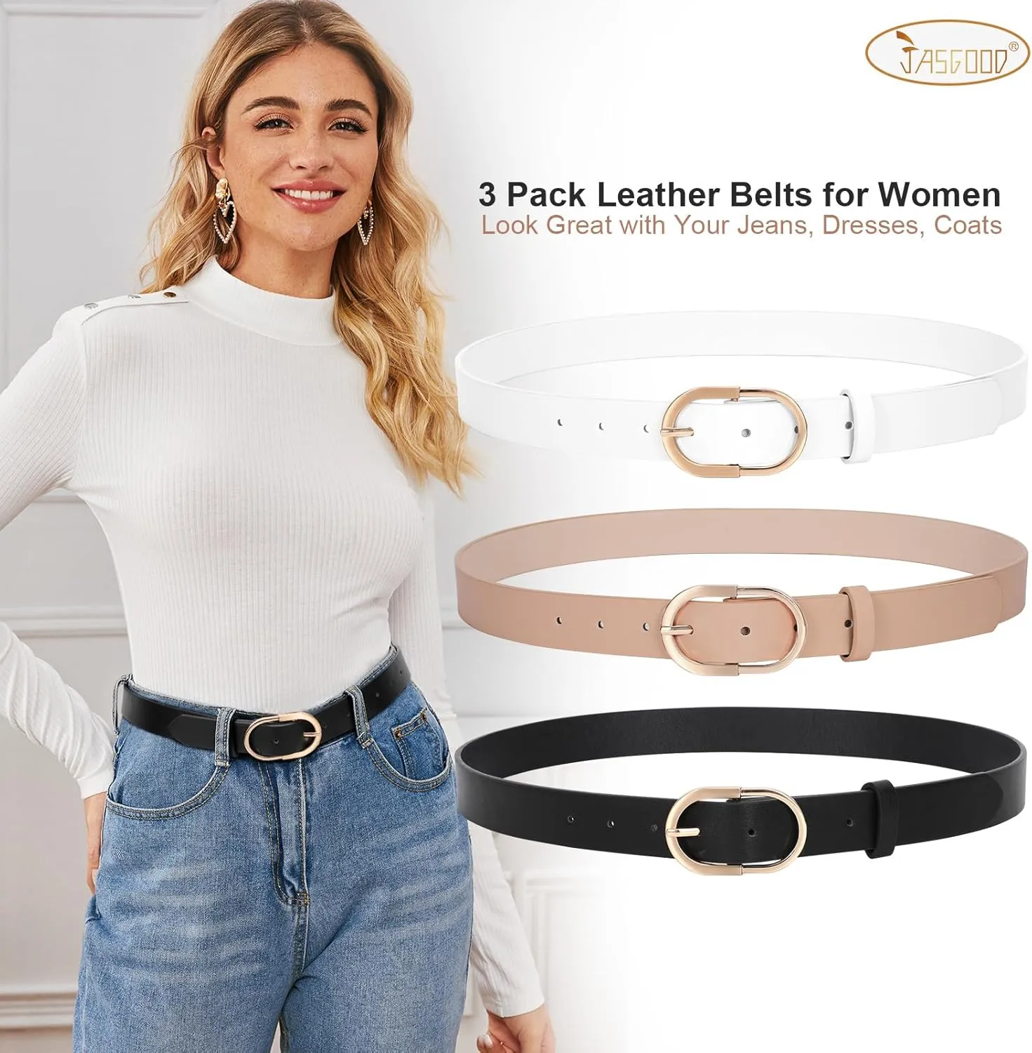 JASGOOD Women’s Leather Belts for Jeans Pants Fashion Ladies Belt with Gold Buckle