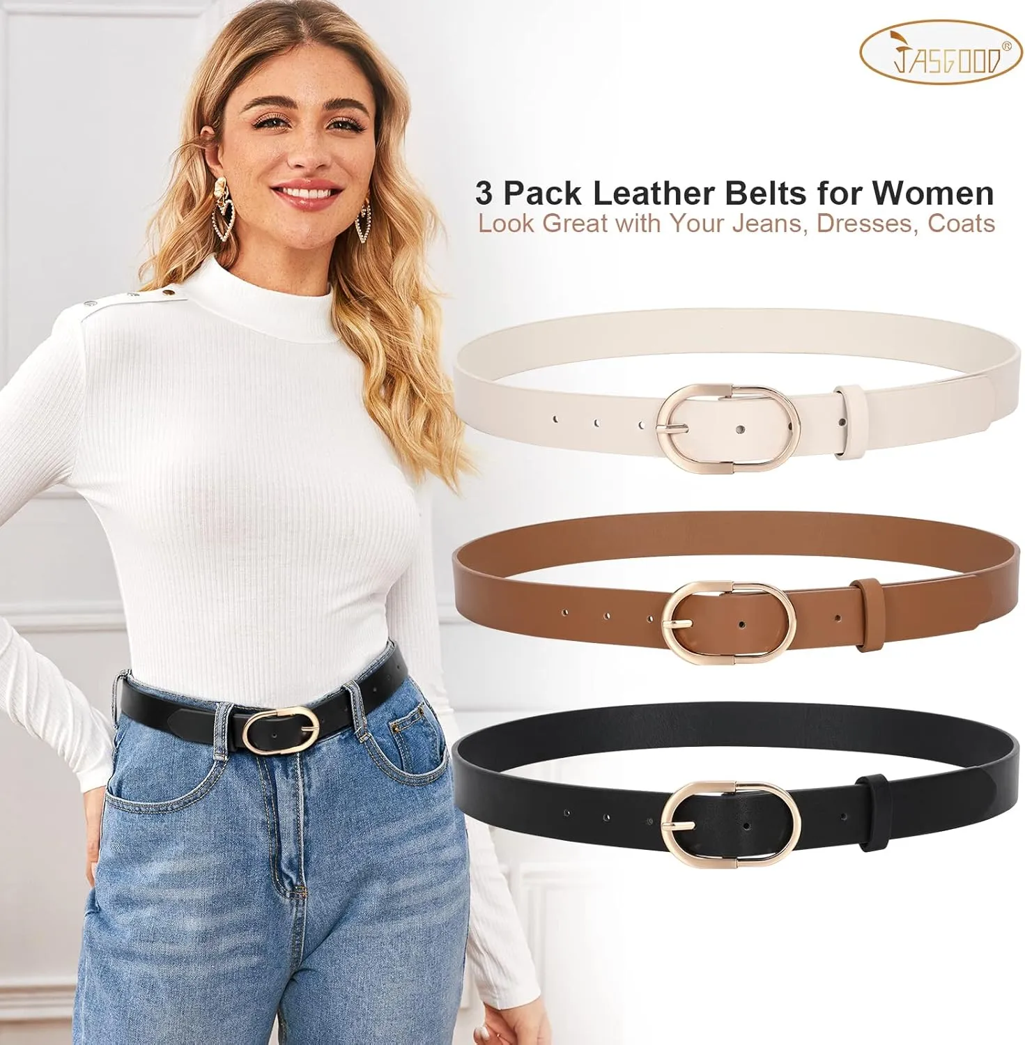 JASGOOD Women’s Leather Belts for Jeans Pants Fashion Ladies Belt with Gold Buckle