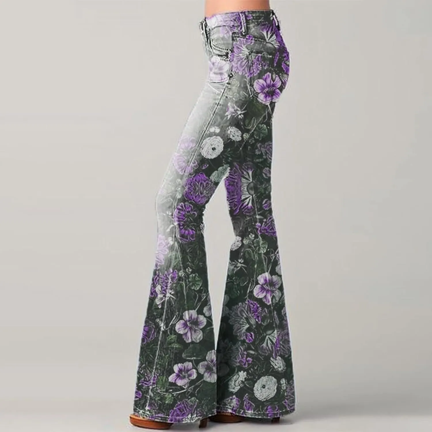 Jeans for Women Trendy Gradient Bell Bottom Jeans Casual High Waisted Lace Flared Jean Skinny Denim Pants
