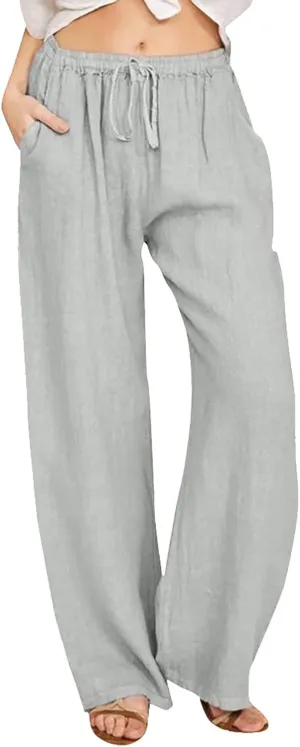 JiXiang Trousers for Women Trendy High Waisted Wide Leg Loose Drawstring Elastic Comfort Straight Long Pants with Pockets
