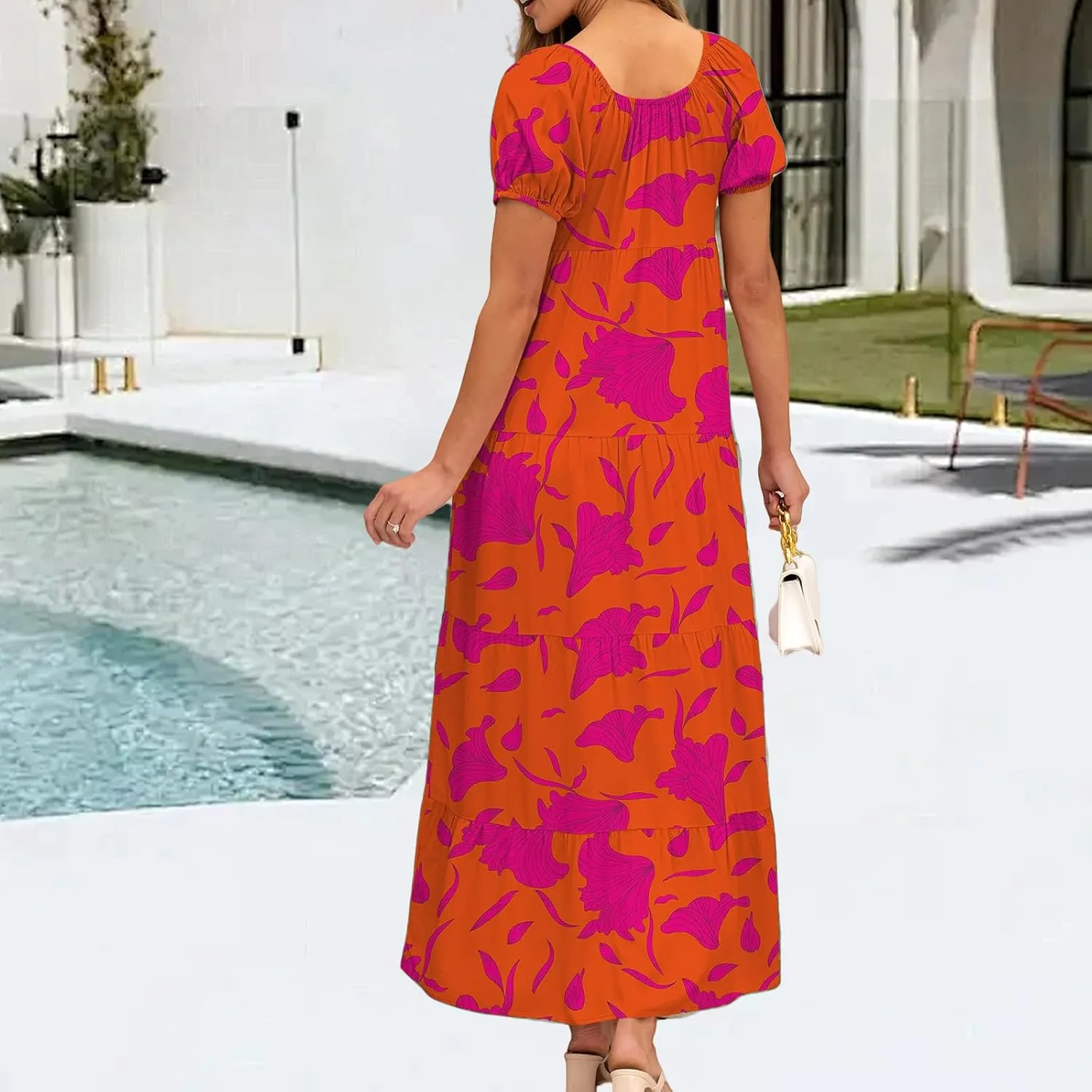 Kubbon Boho Maxi Dresses for Women Short Sleeve Tie Front Flowy Dress Casual Floral Printed Swing Tiered A Line Dresses