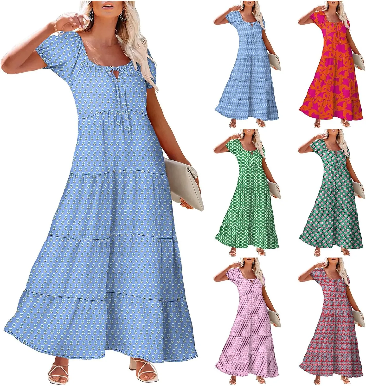 Kubbon Boho Maxi Dresses for Women Short Sleeve Tie Front Flowy Dress Casual Floral Printed Swing Tiered A Line Dresses