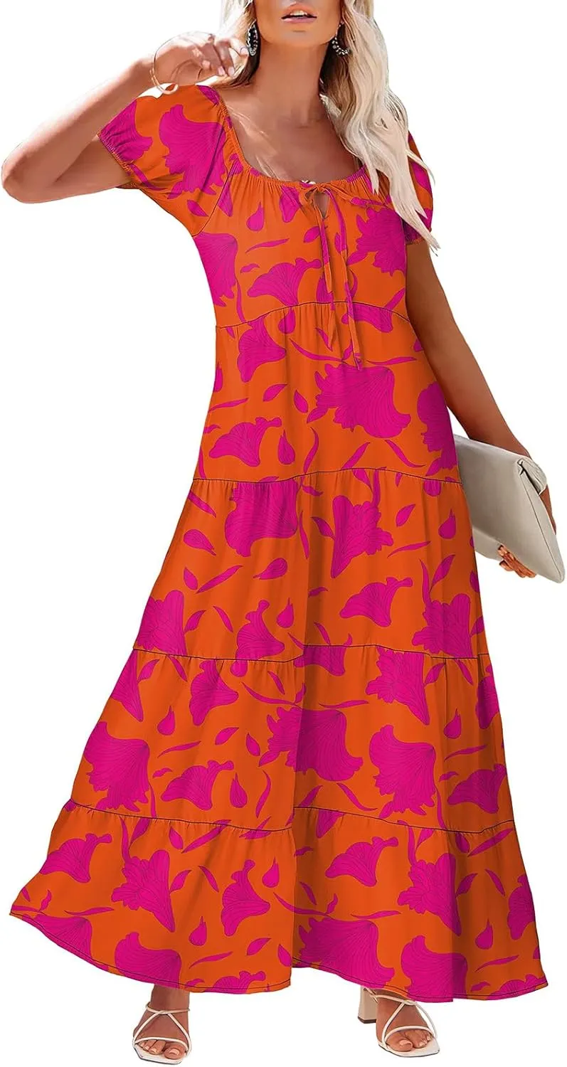 Kubbon Boho Maxi Dresses for Women Short Sleeve Tie Front Flowy Dress Casual Floral Printed Swing Tiered A Line Dresses