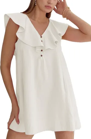 Ladyful Women's Summer Sleeveless Mini Dress Casual Loose V Neck Button Ruffle Shift Dress