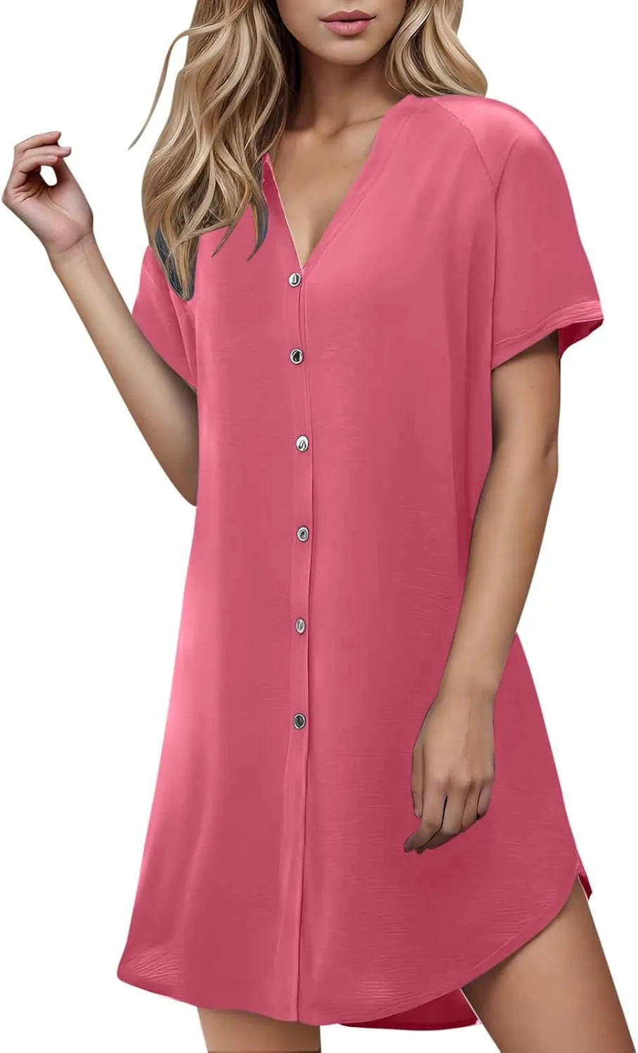 Lady's Casual Button Spring Summer Dress V Neck Solid Color Outwear Slimming Comfortable Trendy Women's Sundress