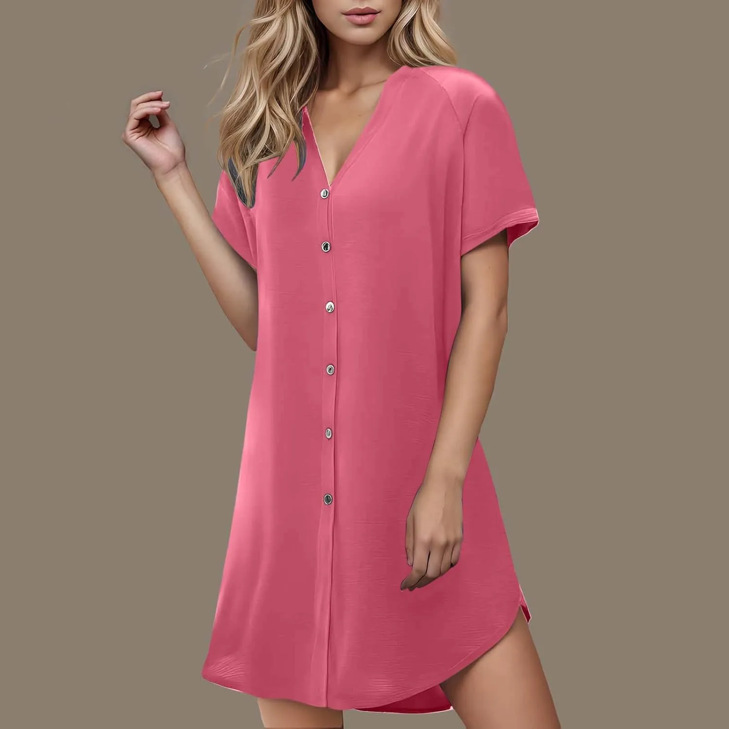 Lady's Casual Button Spring Summer Dress V Neck Solid Color Outwear Slimming Comfortable Trendy Women's Sundress