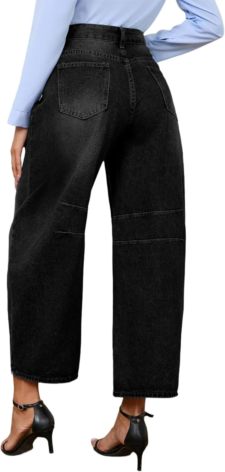 LaiyiVic Barrel Jeans for Women Wide Leg Mid Waist Cropped Denim Pants Baggy Boyfriend Jeans