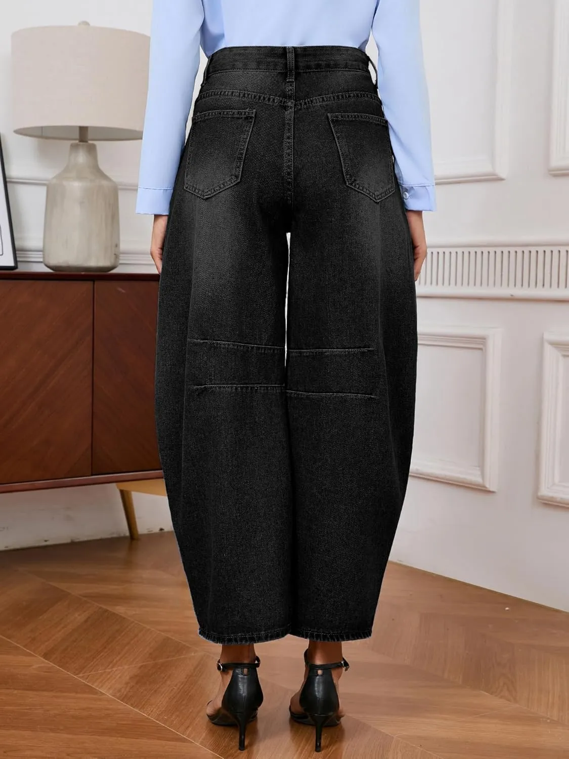 LaiyiVic Barrel Jeans for Women Wide Leg Mid Waist Cropped Denim Pants Baggy Boyfriend Jeans