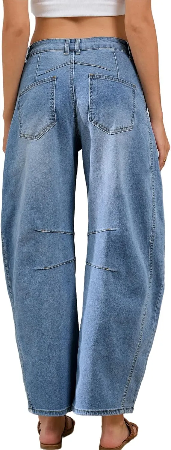 LaiyiVic Barrel Jeans for Women Wide Leg Mid Waist Cropped Denim Pants Baggy Boyfriend Jeans