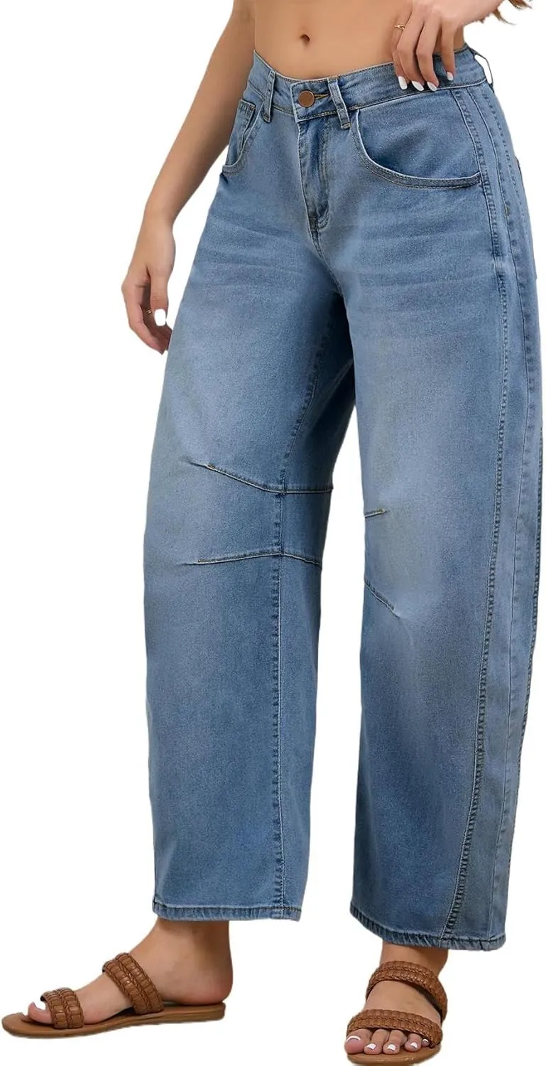 LaiyiVic Barrel Jeans for Women Wide Leg Mid Waist Cropped Denim Pants Baggy Boyfriend Jeans