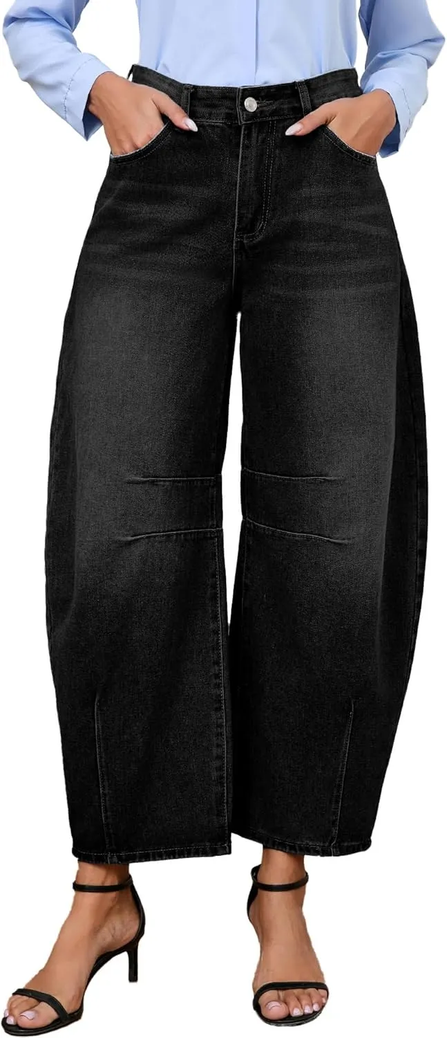 LaiyiVic Barrel Jeans for Women Wide Leg Mid Waist Cropped Denim Pants Baggy Boyfriend Jeans