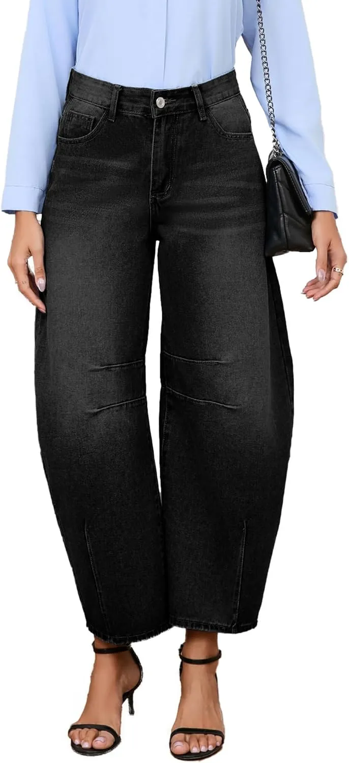 LaiyiVic Barrel Jeans for Women Wide Leg Mid Waist Cropped Denim Pants Baggy Boyfriend Jeans