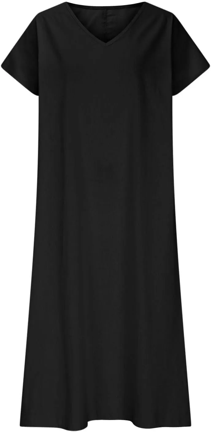 Linen Casual Dresses for Women Flowy V Neck Short Sleeve 2025 Maxi Dress Lightweight Summer Beach Vacation Clothes