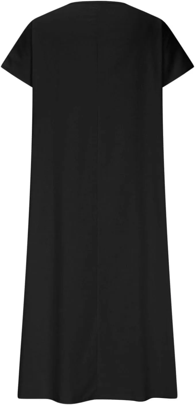 Linen Casual Dresses for Women Flowy V Neck Short Sleeve 2025 Maxi Dress Lightweight Summer Beach Vacation Clothes