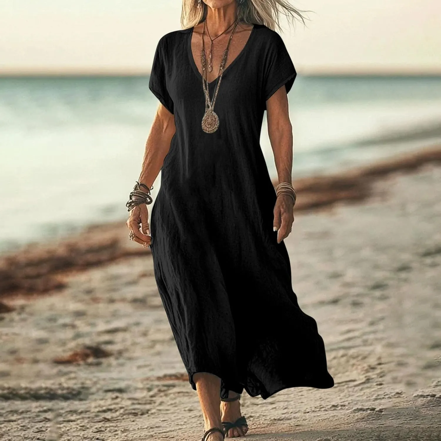 Linen Casual Dresses for Women Flowy V Neck Short Sleeve 2025 Maxi Dress Lightweight Summer Beach Vacation Clothes