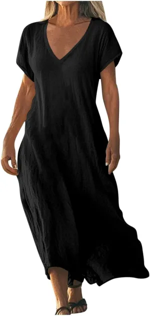 Linen Casual Dresses for Women Flowy V Neck Short Sleeve 2025 Maxi Dress Lightweight Summer Beach Vacation Clothes