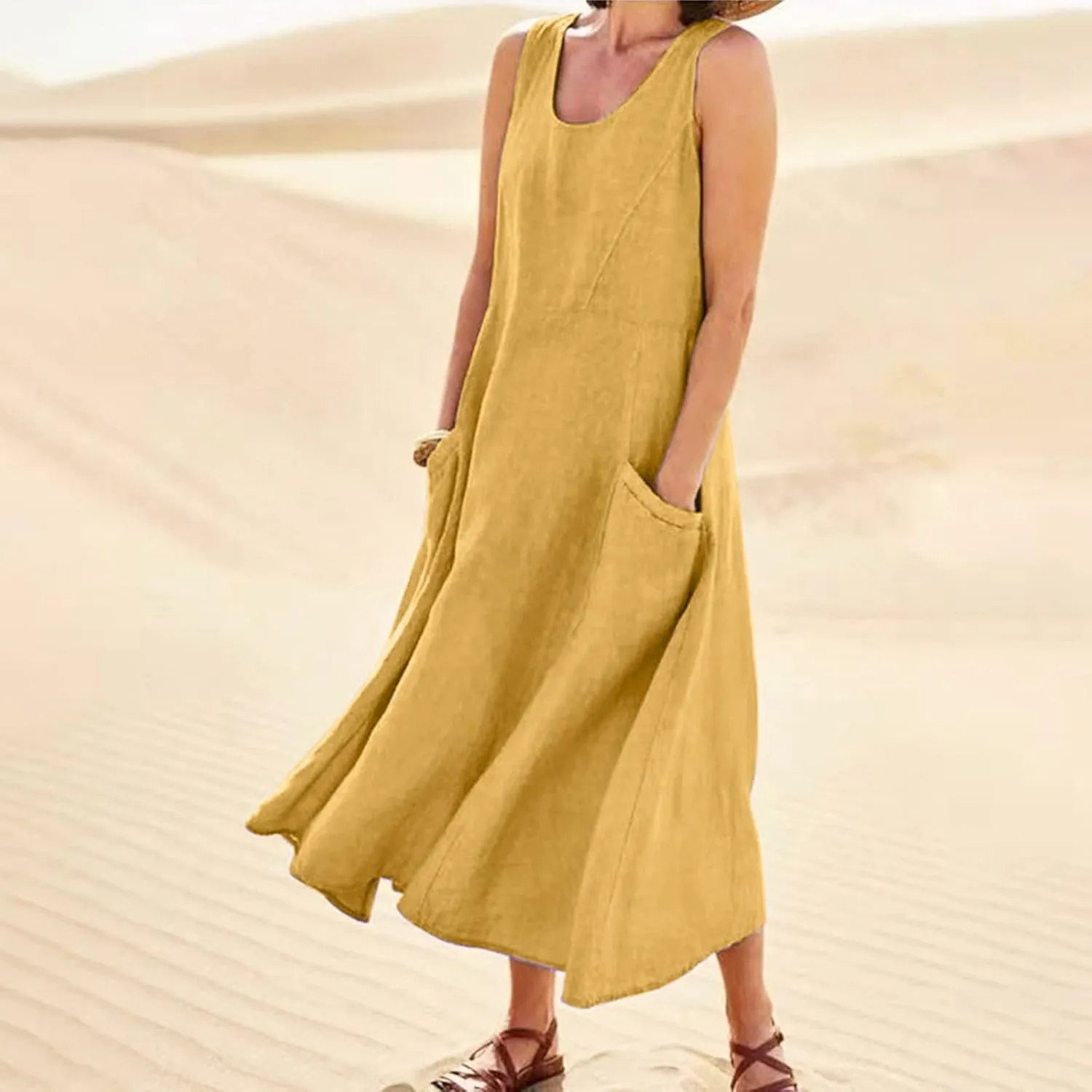 Linen Dresses for Women 2025 Vacation Plus Size Sleeveless Floral Maxi Dress Boho Tropical Beach Sundress with Pocket