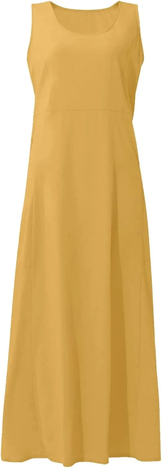 Linen Dresses for Women 2025 Vacation Plus Size Sleeveless Floral Maxi Dress Boho Tropical Beach Sundress with Pocket