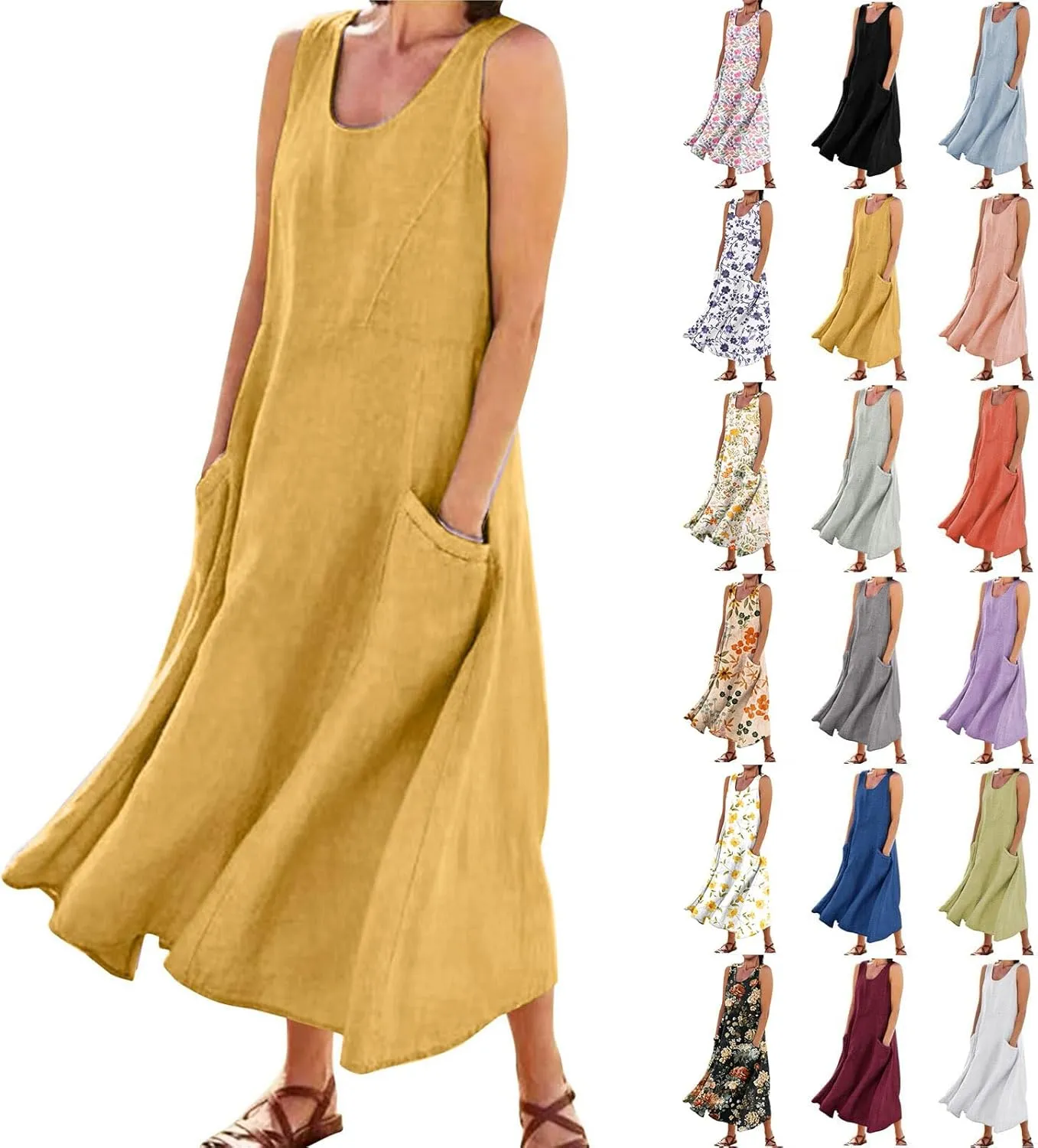 Linen Dresses for Women 2025 Vacation Plus Size Sleeveless Floral Maxi Dress Boho Tropical Beach Sundress with Pocket