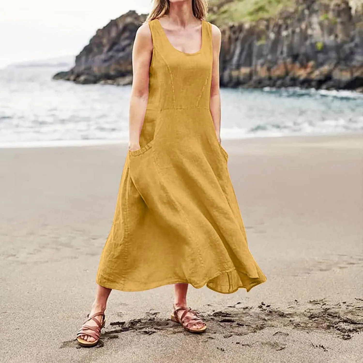 Linen Dresses for Women 2025 Vacation Plus Size Sleeveless Floral Maxi Dress Boho Tropical Beach Sundress with Pocket