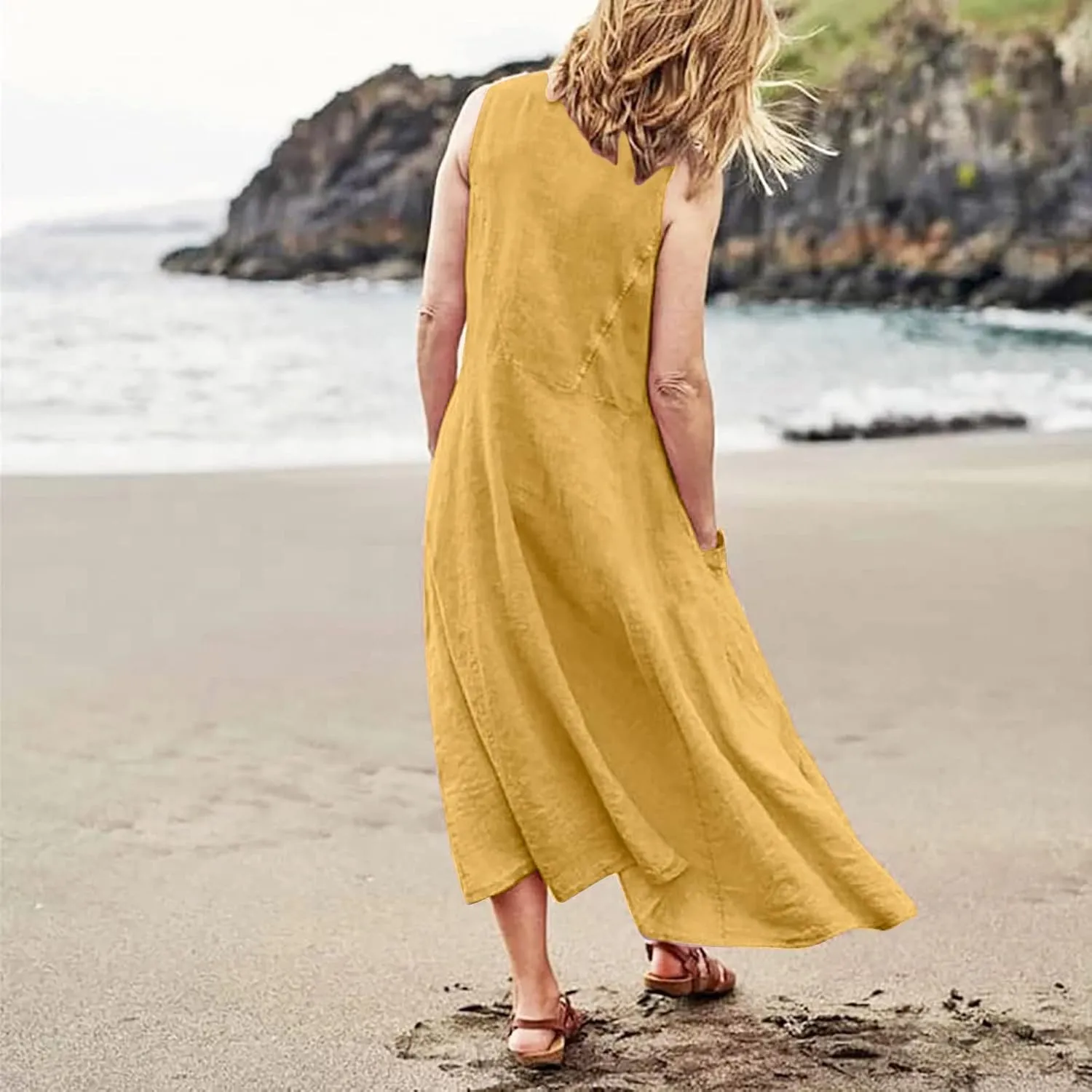 Linen Dresses for Women 2025 Vacation Plus Size Sleeveless Floral Maxi Dress Boho Tropical Beach Sundress with Pocket