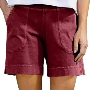 Linen Shorts for Women 2025 High Waisted Elastic Straight Casual Shorts Summer Outdoor Pants with Pockets