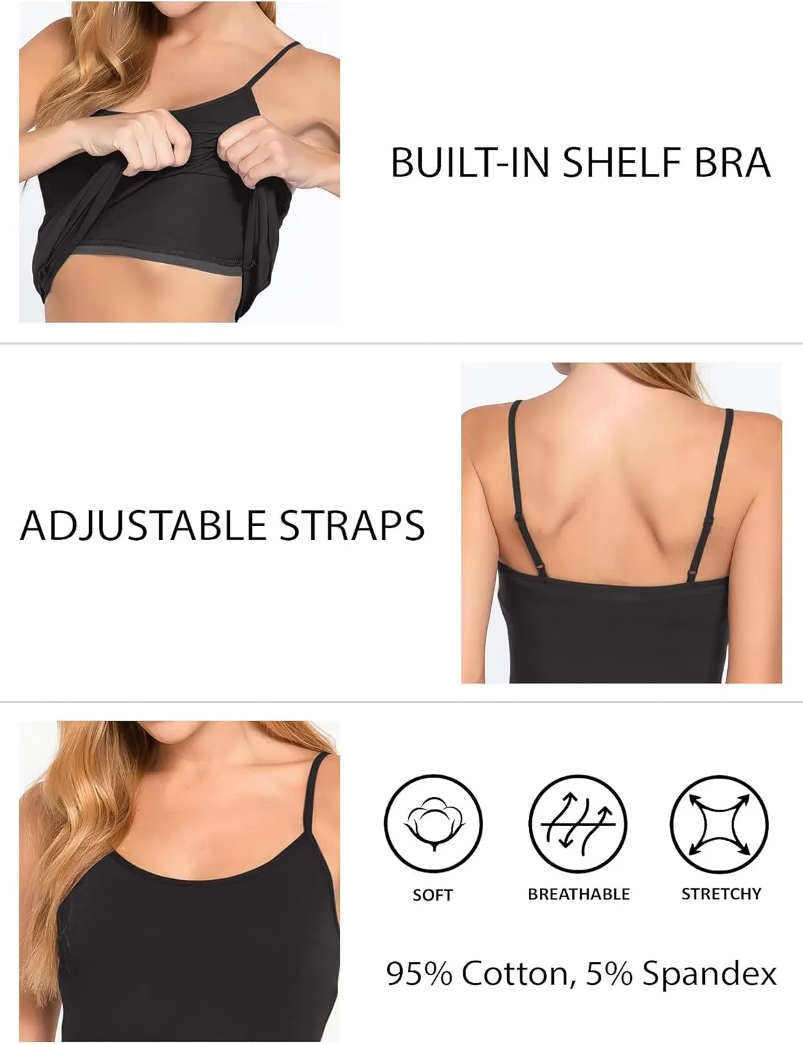 Long Cotton Camisole Tank Top with Built in Bra for Women Basic Cami with Shelf Bra Tank Tops Undershirt