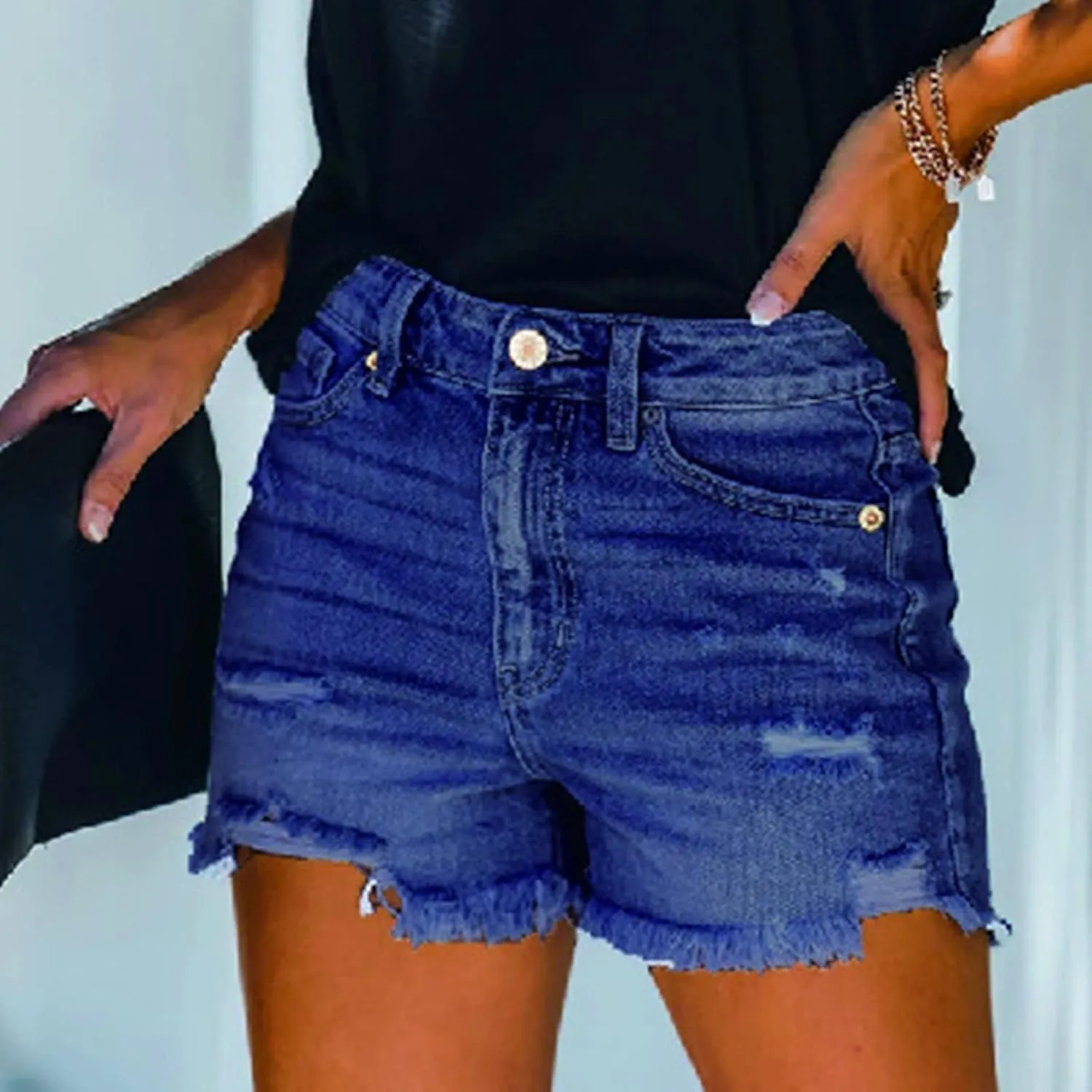 Lpmadey Women's Summer High Waisted Denim Shorts Frayed Raw Hem Casual Short Jeans Stretchy Ripped Denim Jeans Shorts