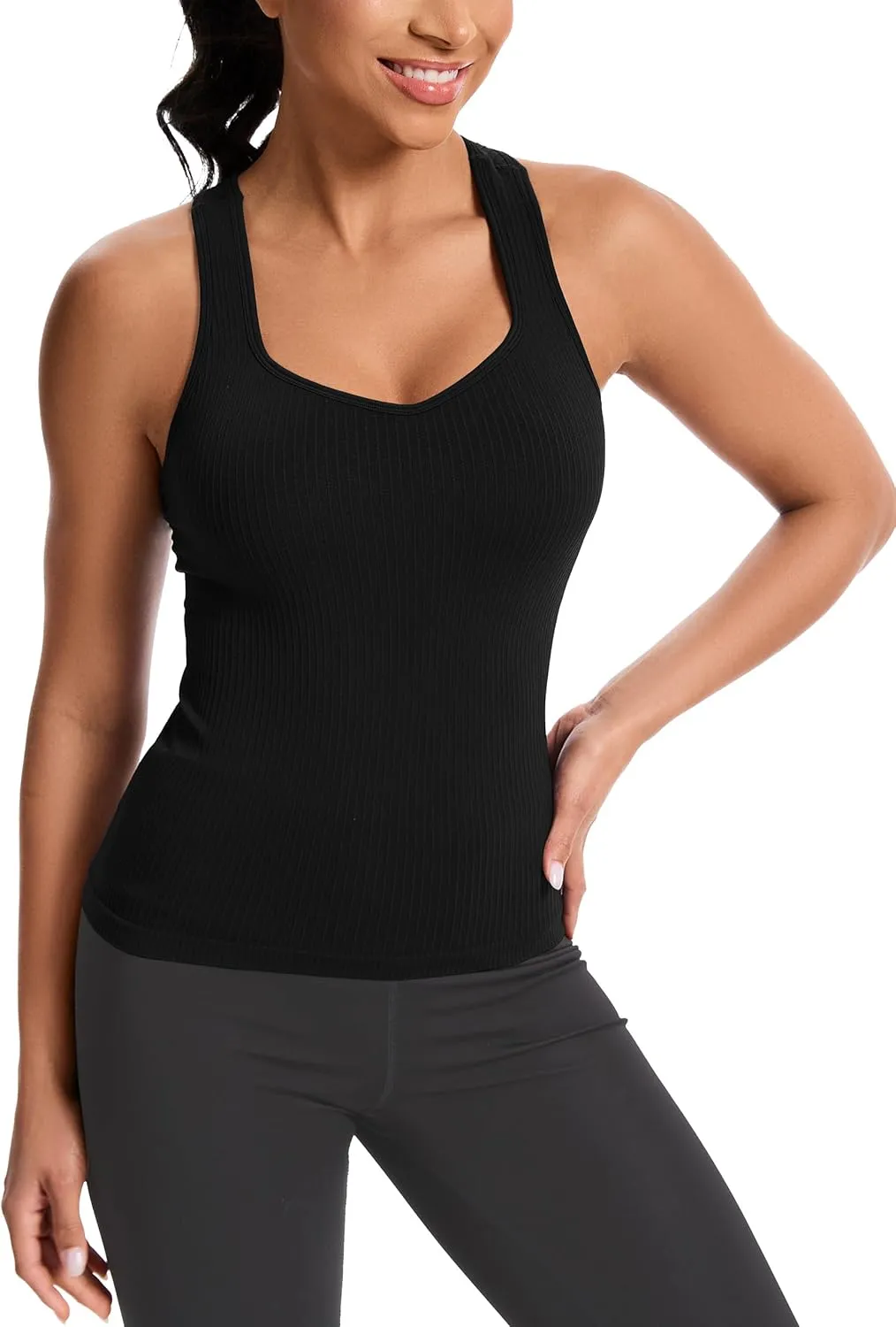 MathCat Women's Workout Tank Top with Built-in Bra, Slight V-Neck Racerback Sports Shirt, Breathable Athletic Camisole