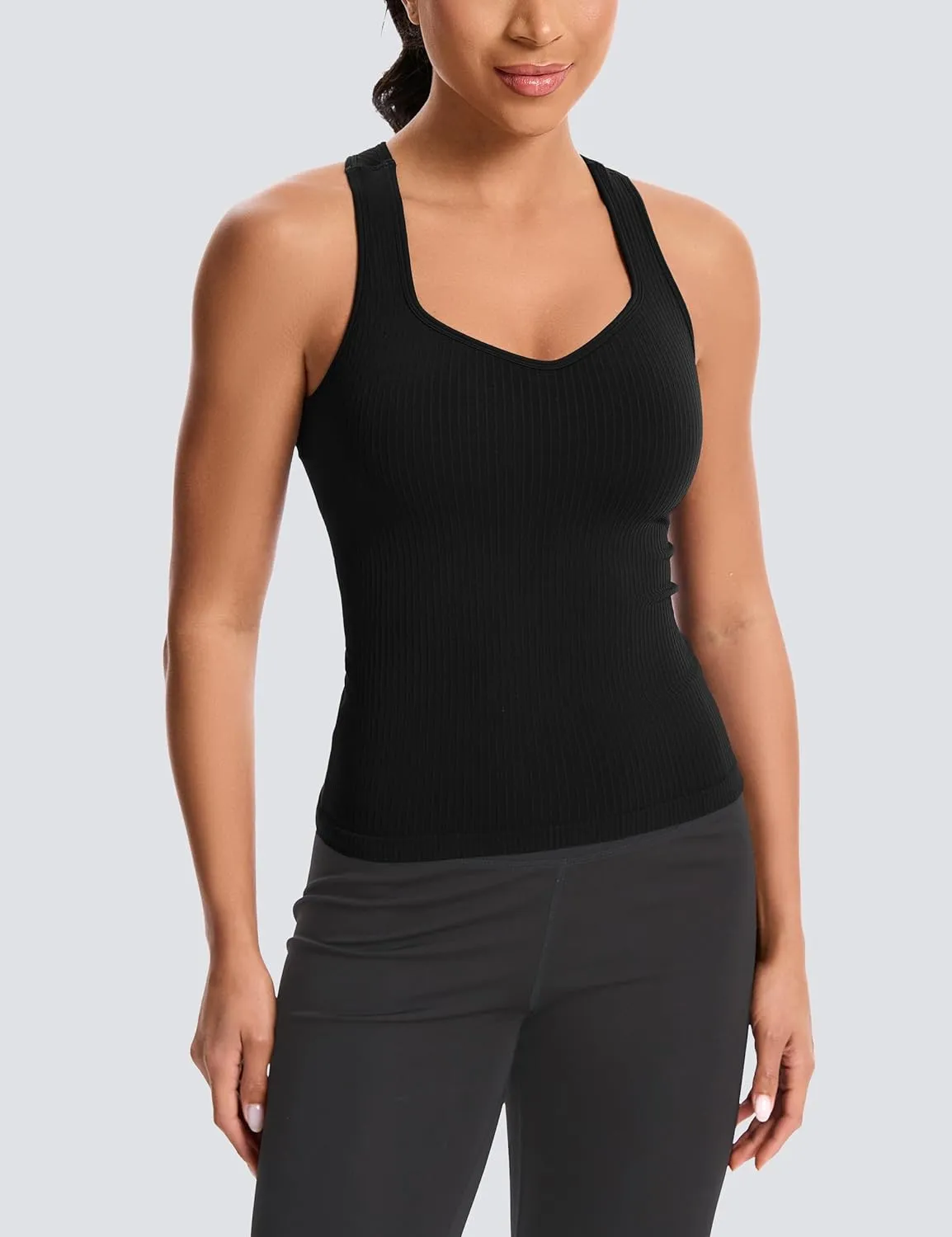 MathCat Women's Workout Tank Top with Built-in Bra, Slight V-Neck Racerback Sports Shirt, Breathable Athletic Camisole